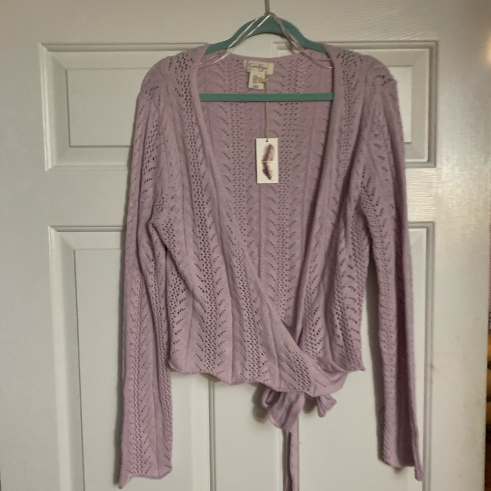 🦋🎯 Jessica Simpson Lilac Pointelle Wrap Sweater Tie Waist Knit Top NWT M - Picture 2 of 8